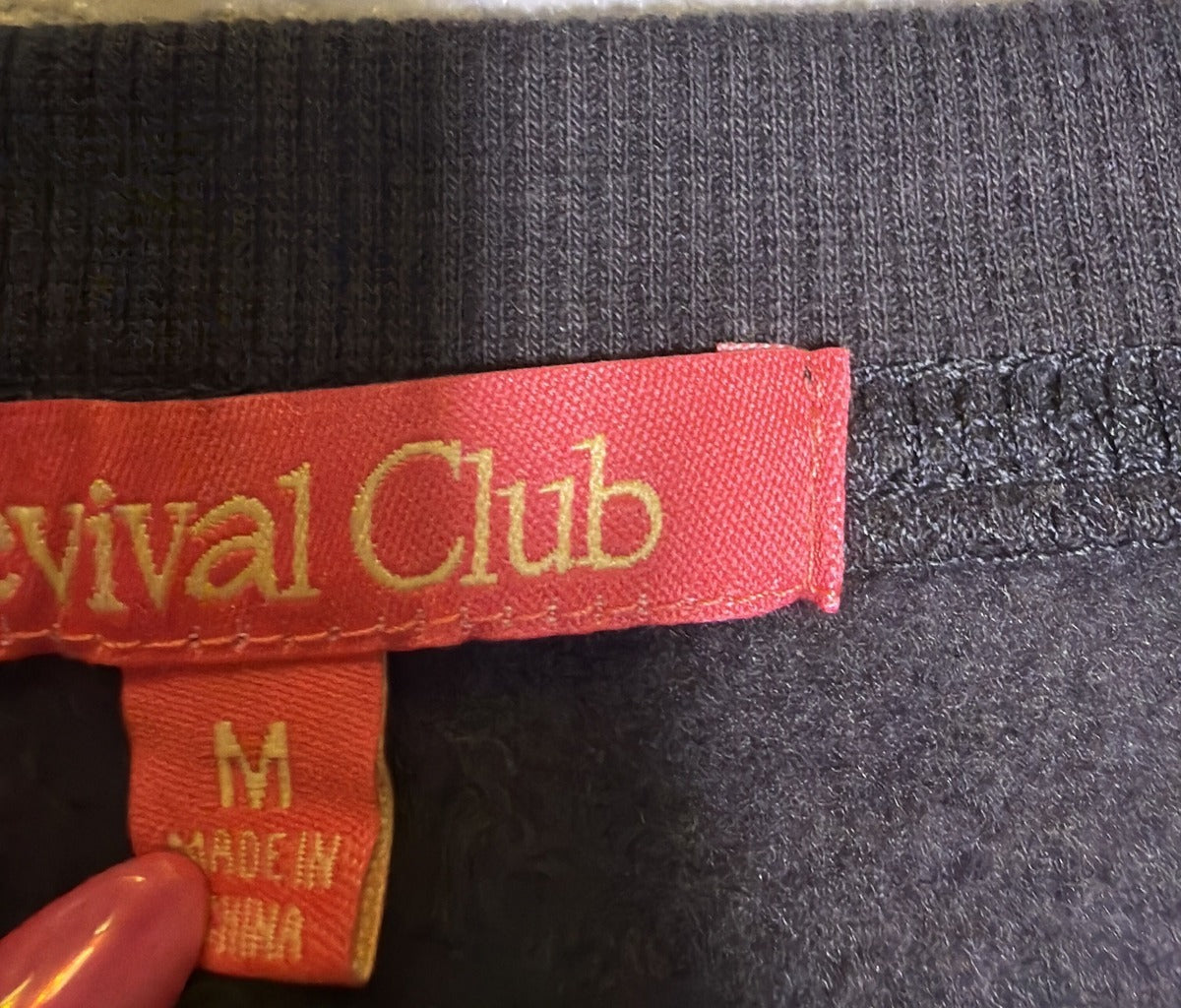 Revival Club women's charcoal crewneck sweatshirt with "Walk By Faith Not By Sight" graphic, size M, soft fabric, casual fit.