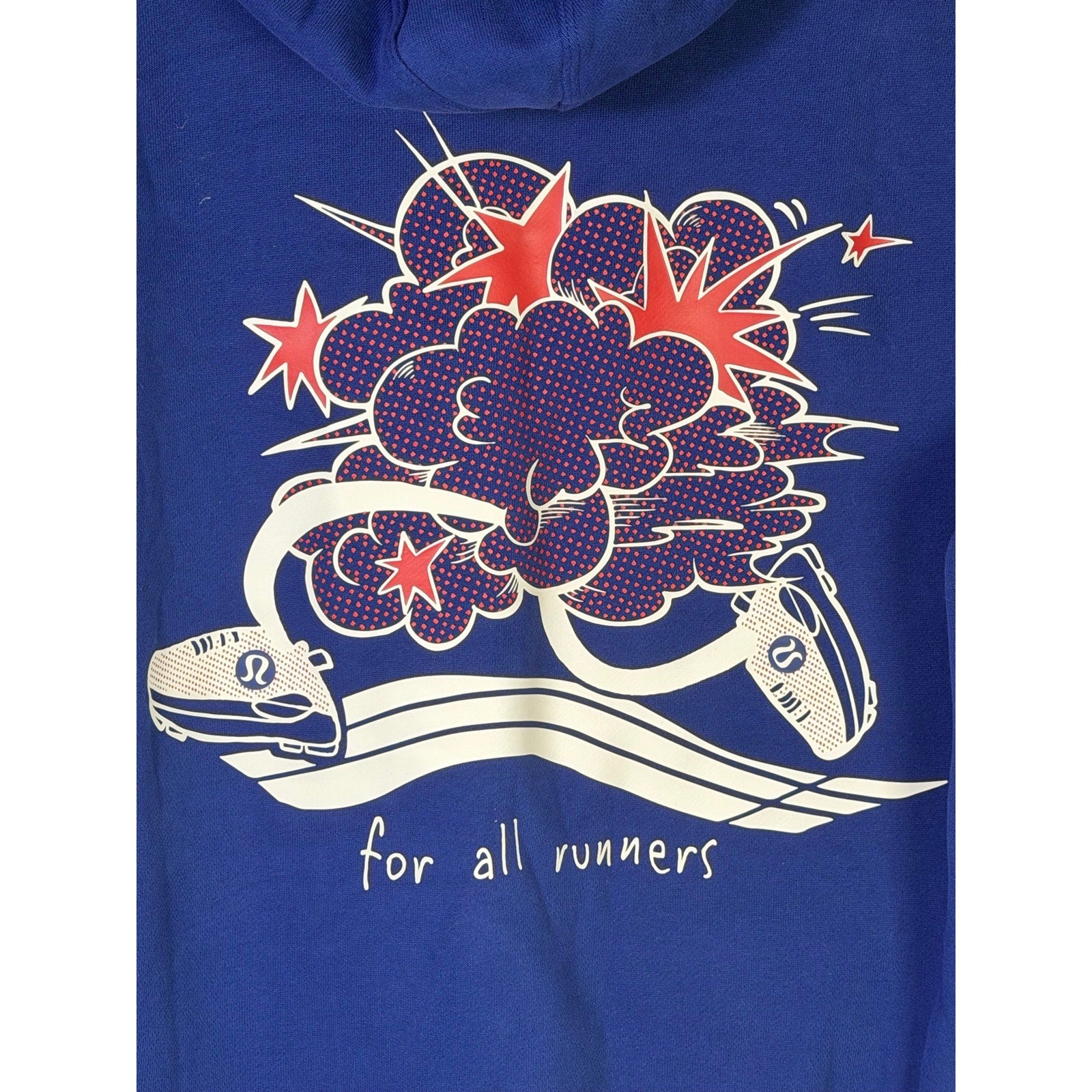 Lululemon women's blue For All Runners graphic hoodie, size M, featuring a comfortable pullover design with running-themed print.