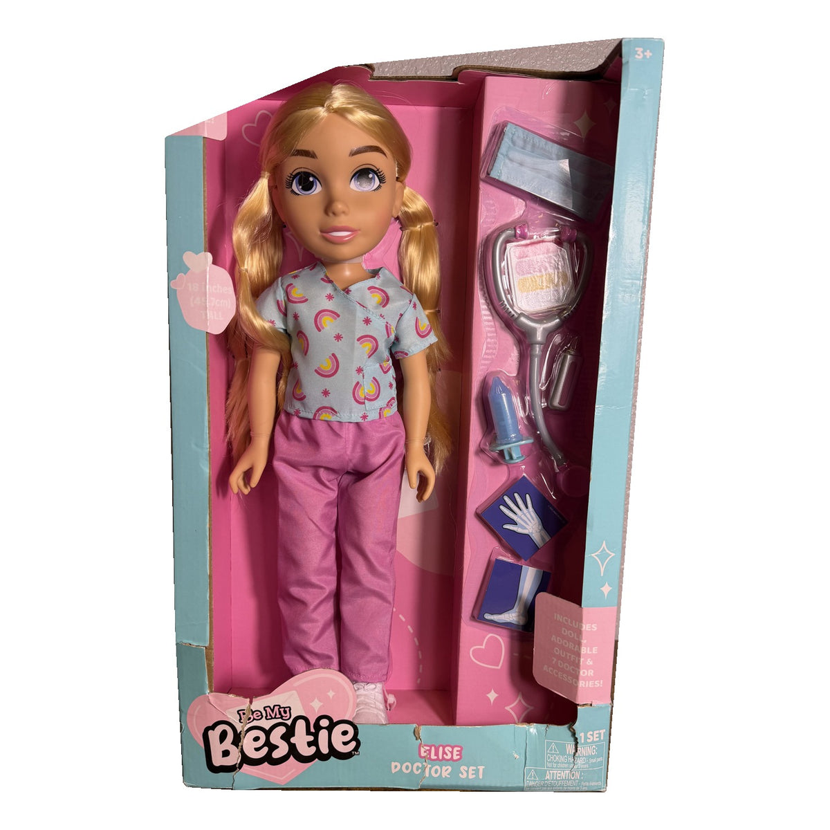 Be My Bestie Elise doll doctor set with scrubs and 7 accessories, including medical tools, for imaginative play.