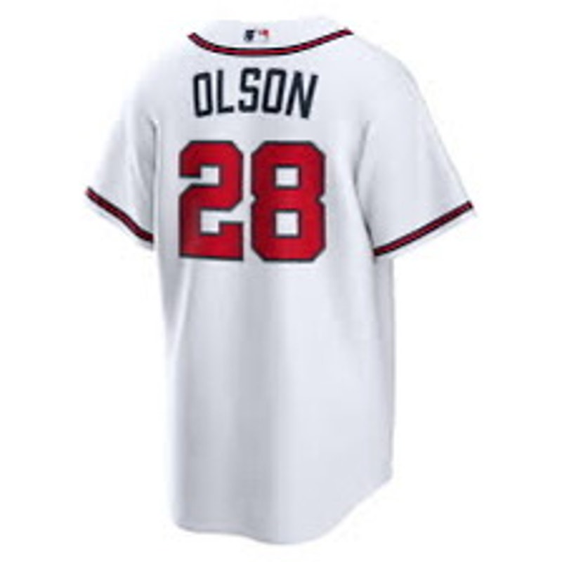 White Nike MLB T-shirt featuring Atlanta Braves player Matt Olson #28 jersey design with team logo and player name.