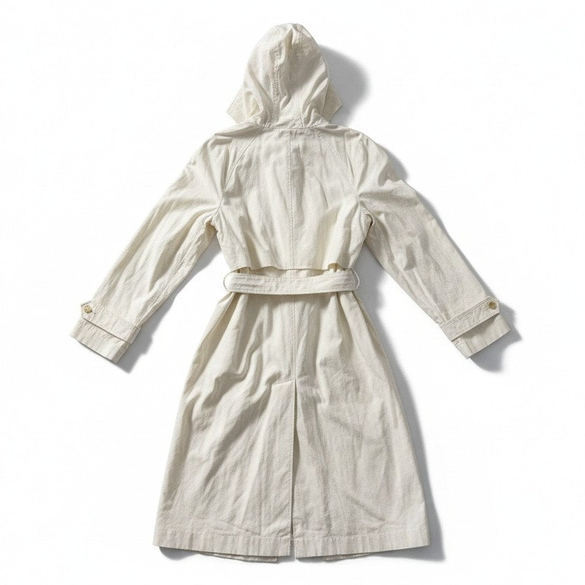 Calia women's hooded trench coat in cream, lightweight jacket with belt, shown on a hanger, size XL, new with tags.