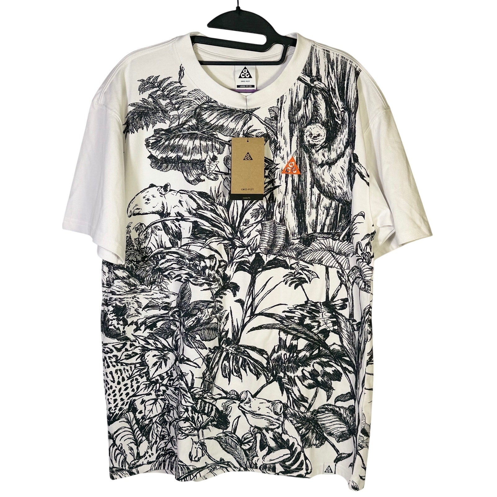 Nike ACG men’s jungle animal graphic Dri-FIT T-shirt in small size, featuring vibrant jungle print and athletic fit.