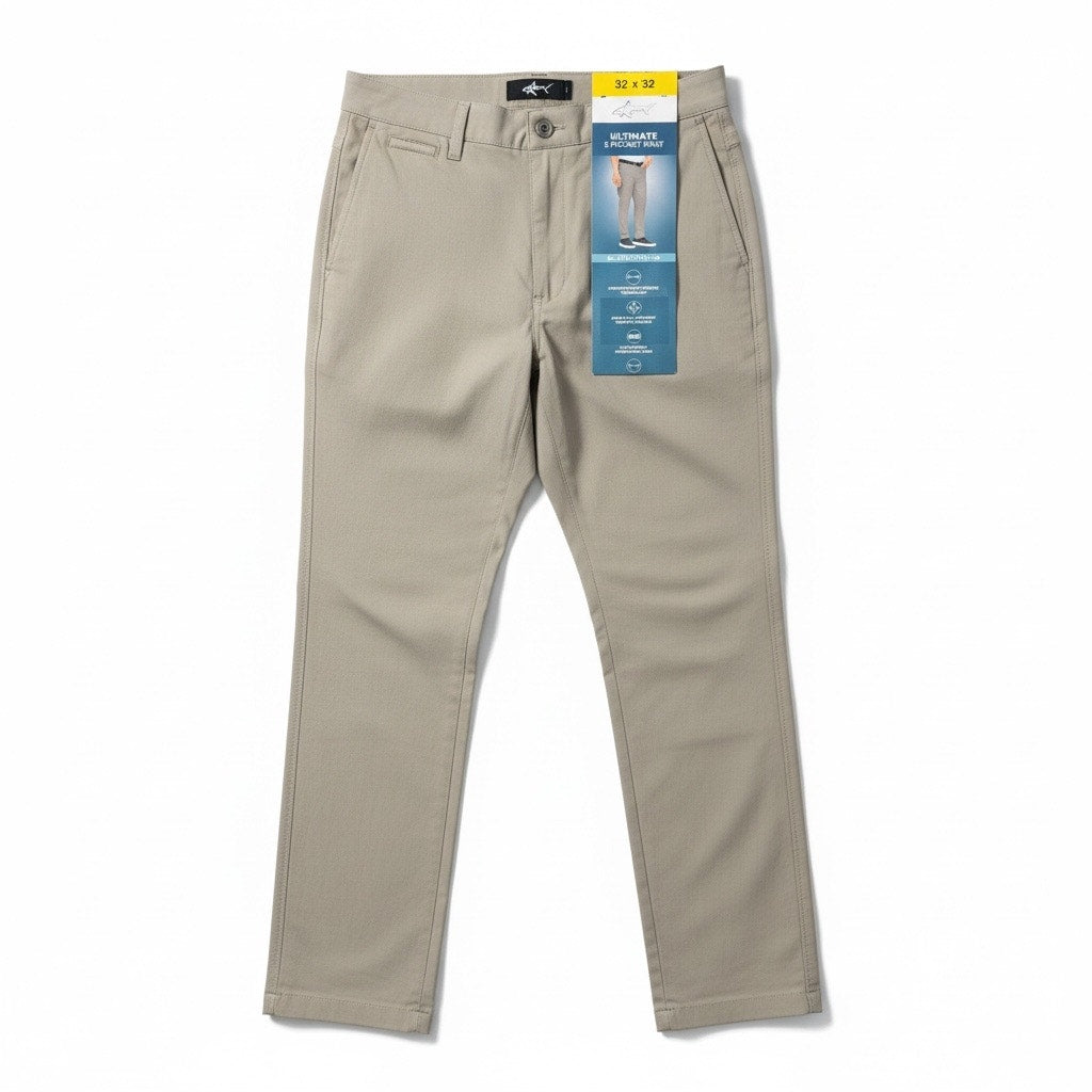 Greg Norman men's khaki stretch pants with five-pocket design, size 32x32, displayed on a hanger.