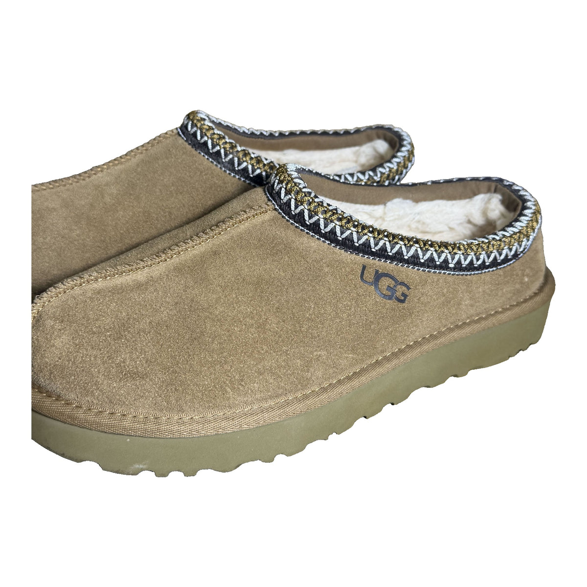 UGG Tasman Slippers 5955 in chestnut color, women's size 9, with plush sheepskin lining and slip-on design.
