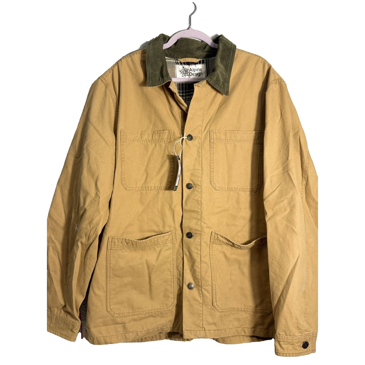 Alpine Design men's flannel-lined canvas chore jacket in brown khaki, size XL, with button front and multiple pockets.