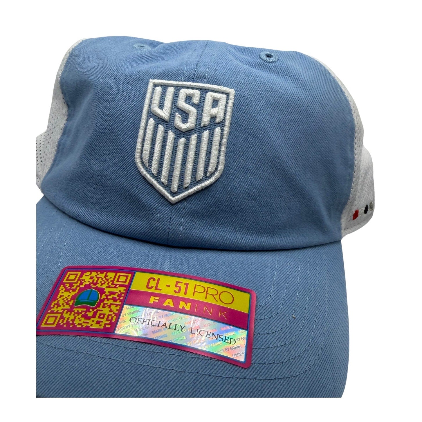 Blue and white USA Soccer Fan Ink CL-51 Pro adjustable trucker hat with mesh back and curved brim, one size fits most.