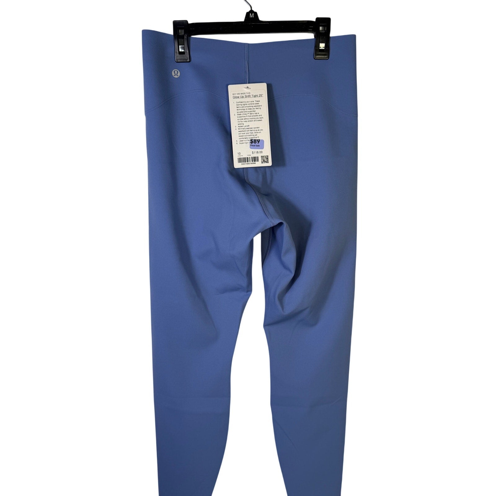 Lululemon Glow Up super-high-rise leggings in prep blue, size 10, with a fitted waistband and full-length design.