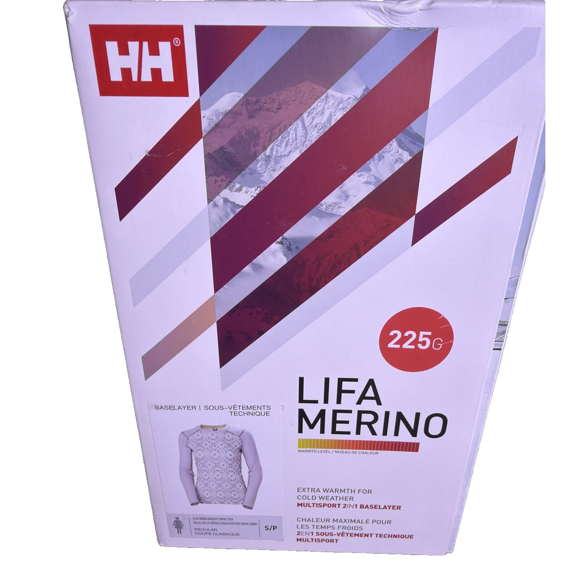 Helly Hansen women's Lifa Merino midweight graphic crew base layer shirt in dusty Syrin Star Pixel, size S, with a snug fit and graphic design.