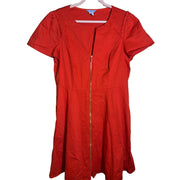 Draper James red zip-front fit and flare dress with short ruffle sleeves, women's size 14, pre-owned, showing front view.