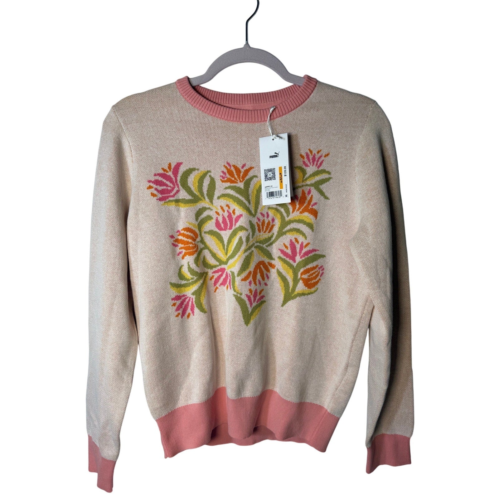 PUMA x Dani Dazey Floral Knit Crewneck Sweater Warm Blanc Women's Small NWT