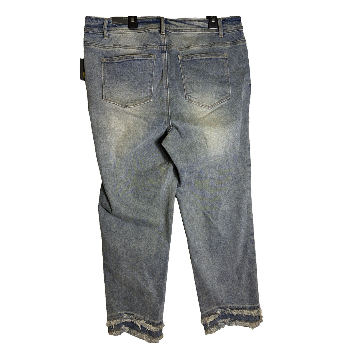 Light wash John Mark women's boyfriend jeans with distressed details and frayed hem, size 14W, casual denim style.