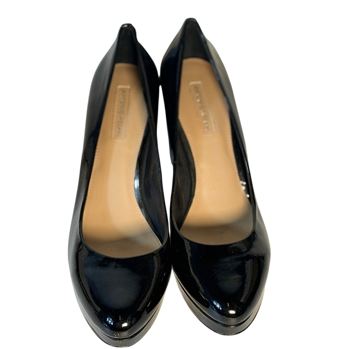Antonio Melani women's black patent leather pumps, size 9M, classic high heel shoes with sleek, shiny finish and pointed toe design.