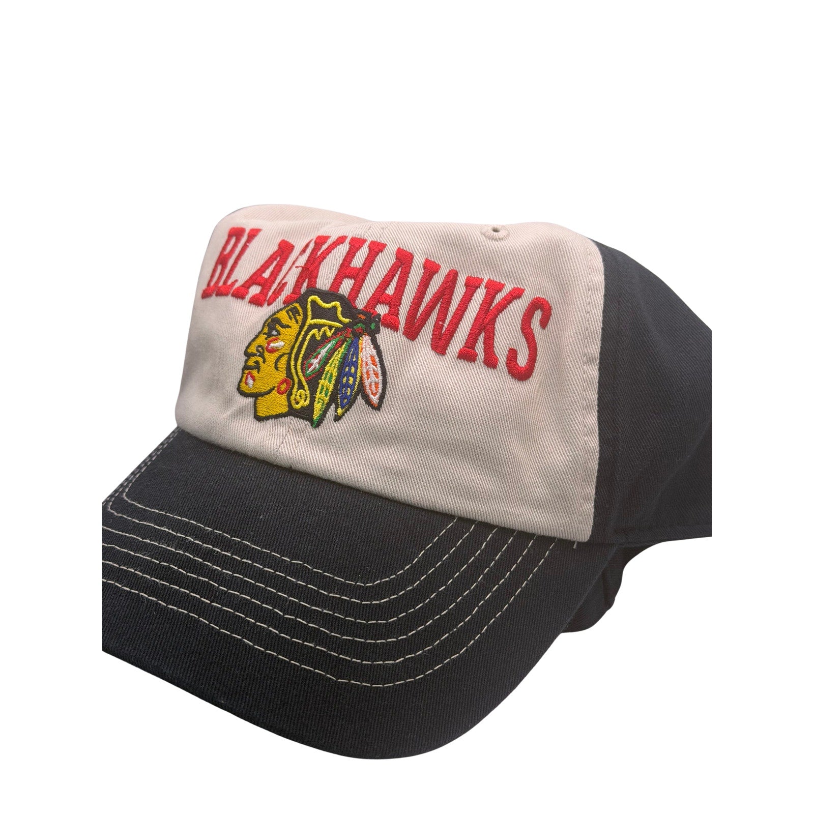 ’47 Chicago Blackhawks adjustable beige and black hat, one size fits most, featuring team logo and classic baseball cap style.