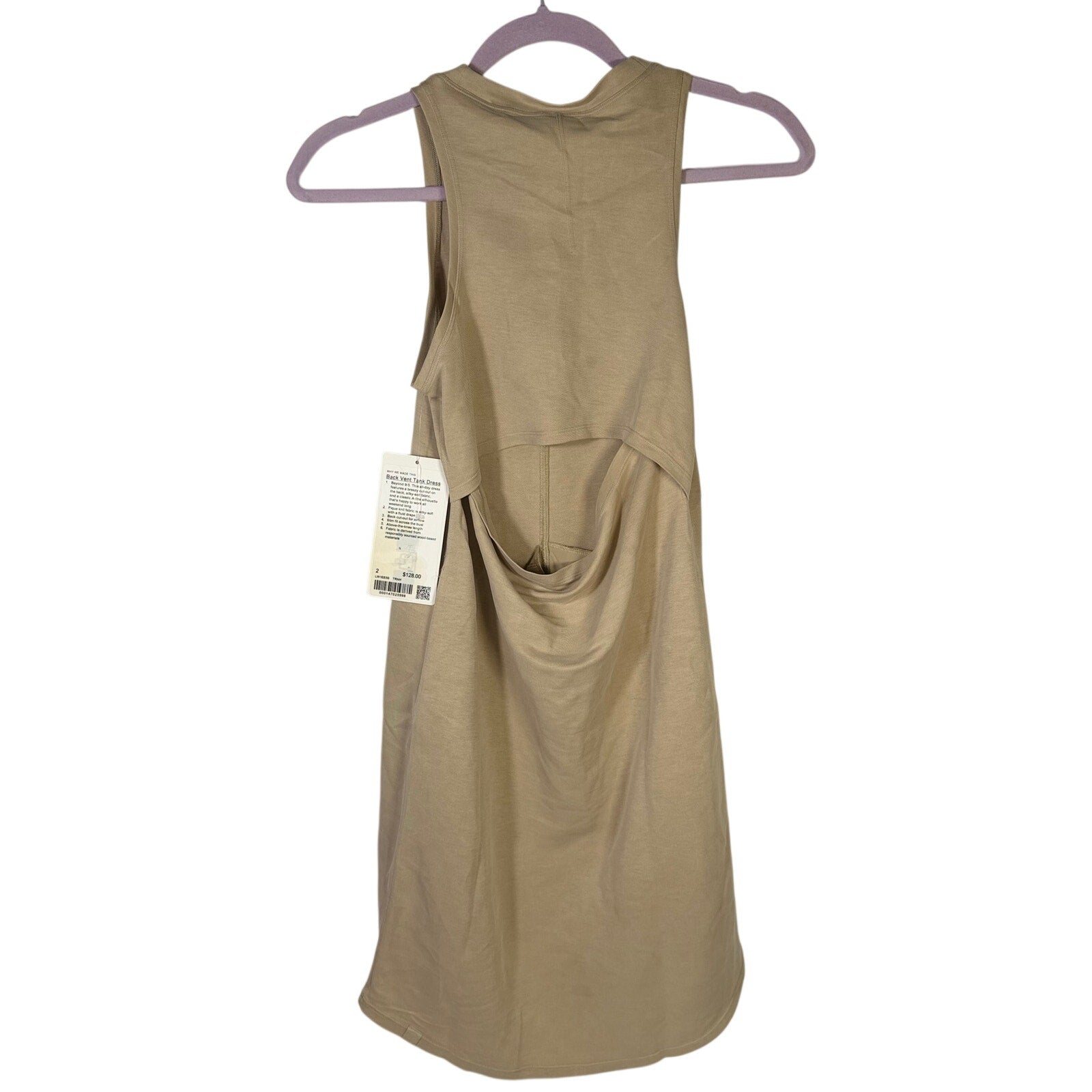 Lululemon women's beige Back Vent Tank Dress with open back and size 2, lightweight and casual for active wear or everyday style.