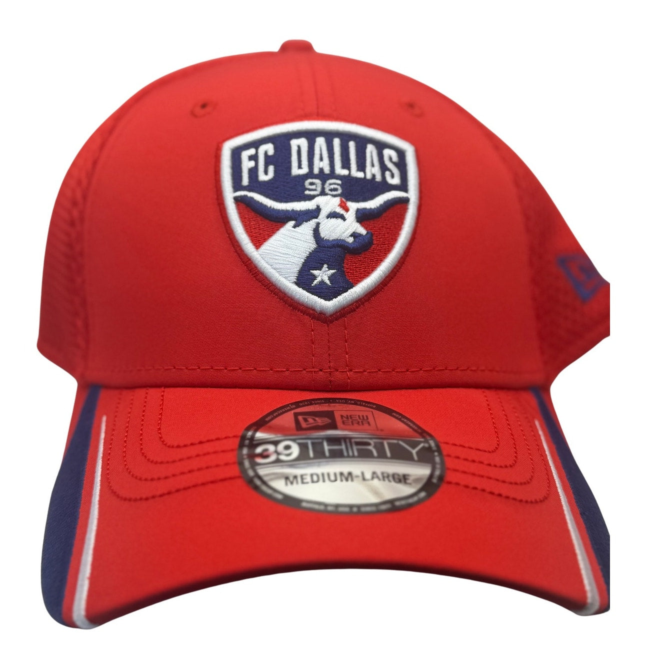 Red New Era FC Dallas 39THIRTY stretch fit hat with MLS logo, featuring a structured design and medium-large size.