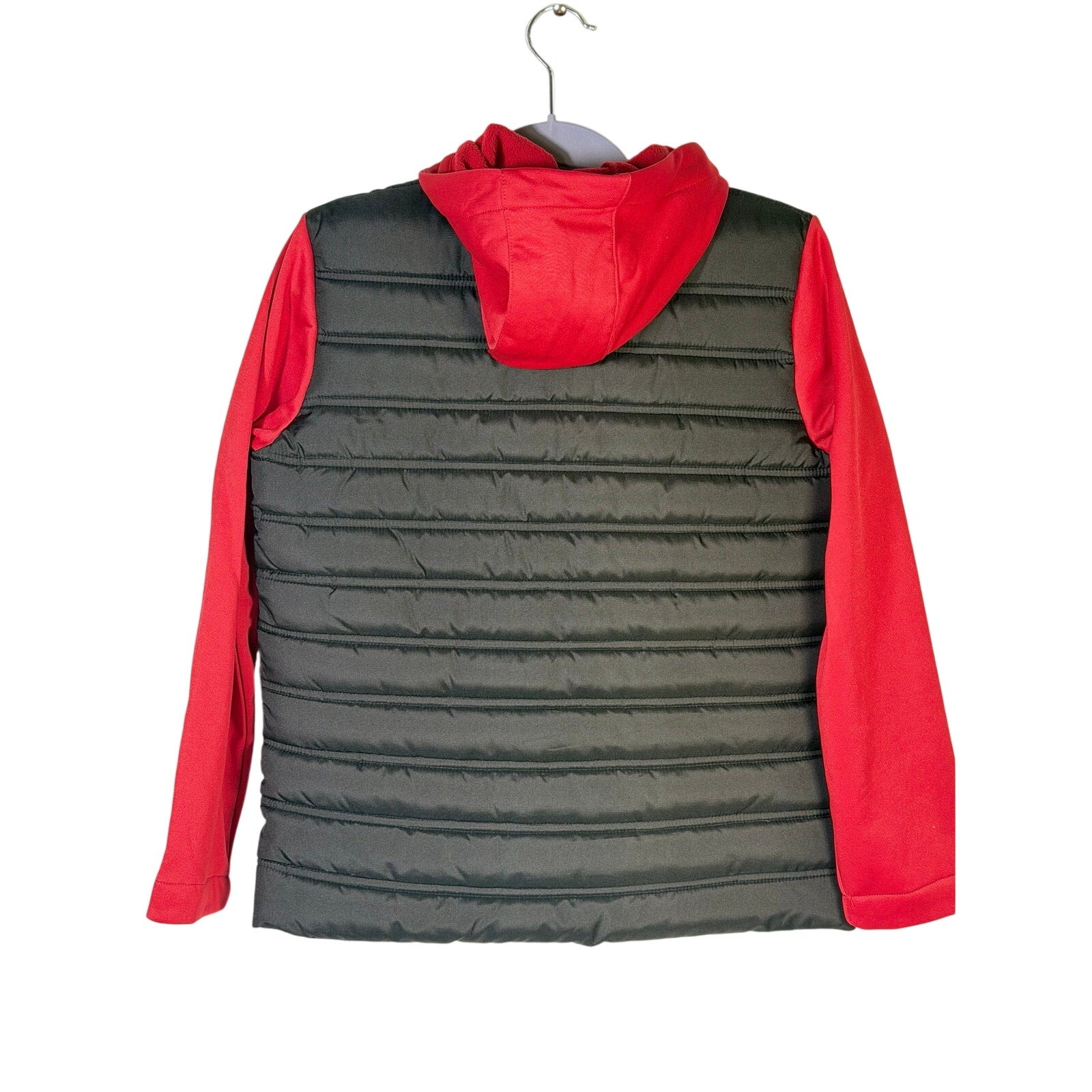 Jordan boys' black and red hybrid puffer jacket with hood, full zip, size M 10-12, featuring quilted design and branding details.