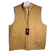 Weatherproof men's tan canvas work vest with sherpa lining, weatherproof jacket in XL size, suitable for outdoor work and cold weather.