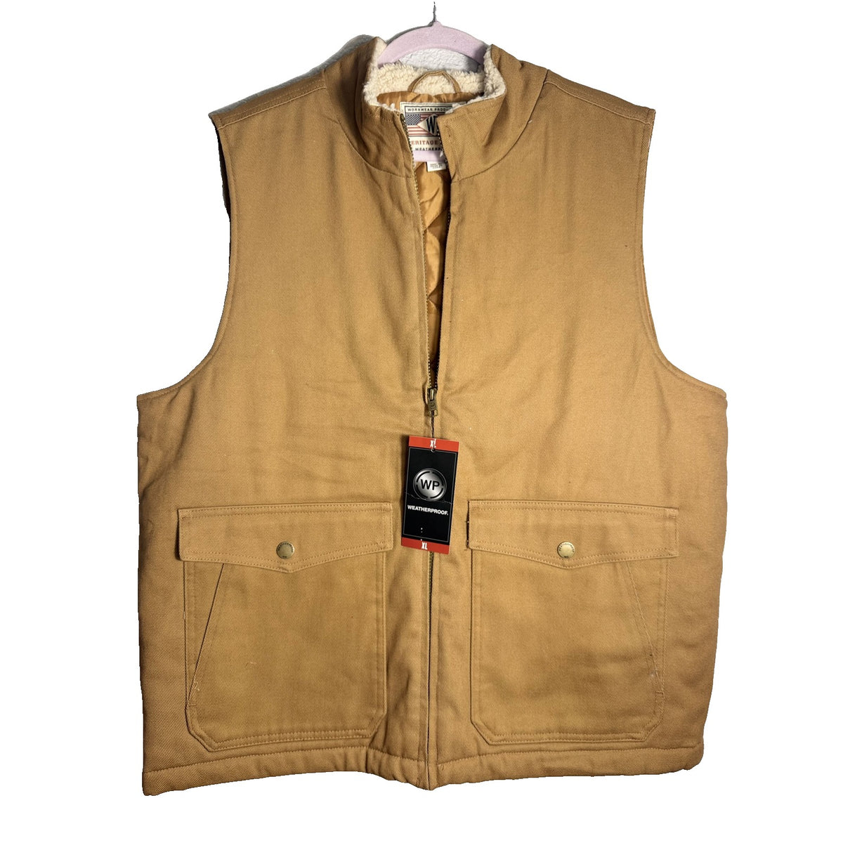 Weatherproof men's tan canvas work vest with sherpa lining, weatherproof jacket in XL size, suitable for outdoor work and cold weather.