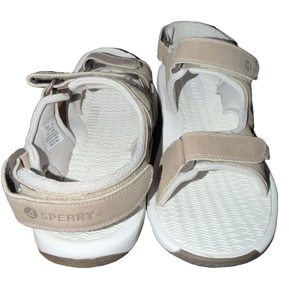 Sperry men's taupe leather adjustable strap sport sandals, size 10W, wide fit, new condition, featuring cushioned footbed and durable sole.