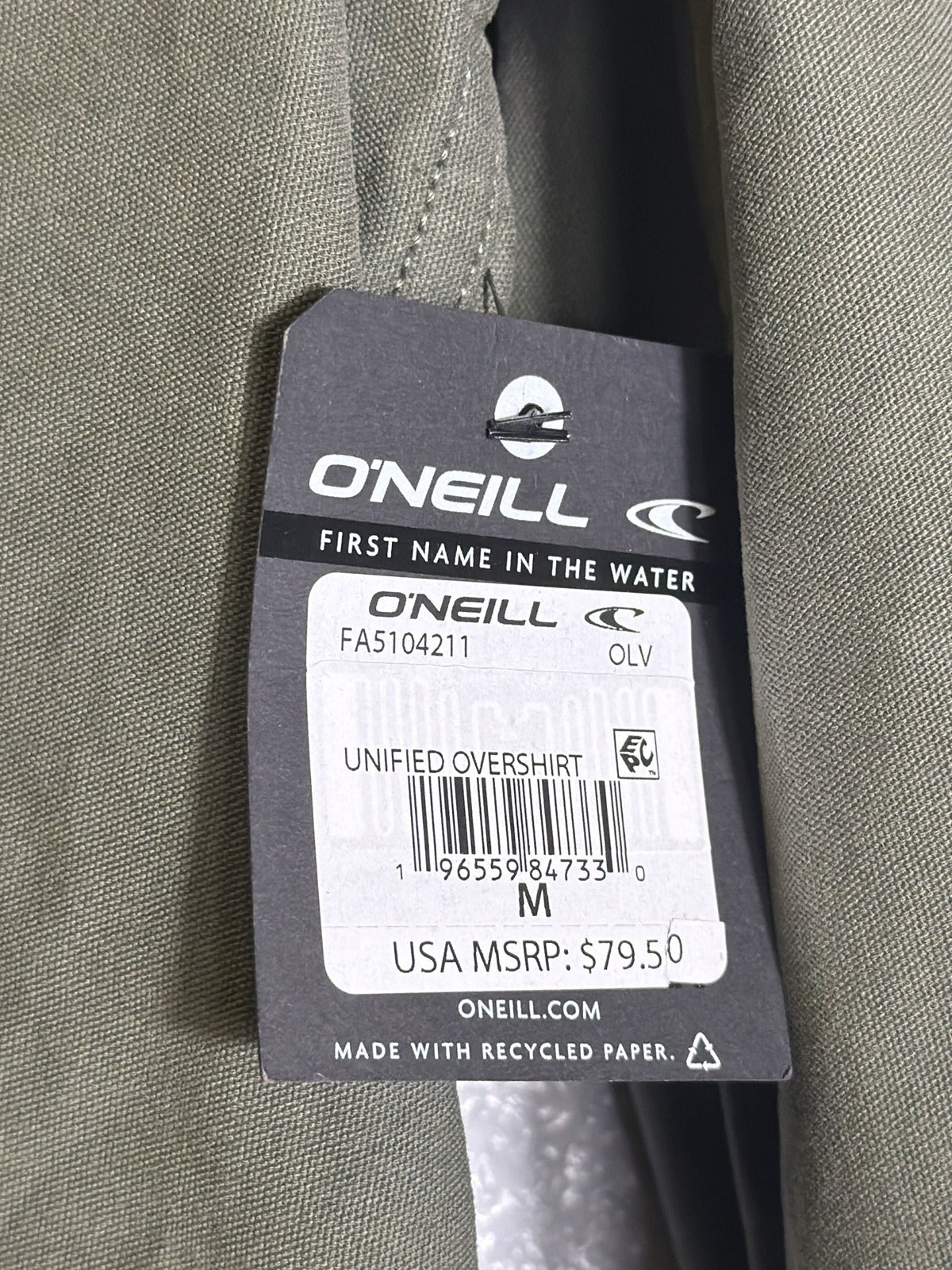 O'Neill men's olive green stretch overshirt with button-up front, casual shirt jacket in size M, new with tags.
