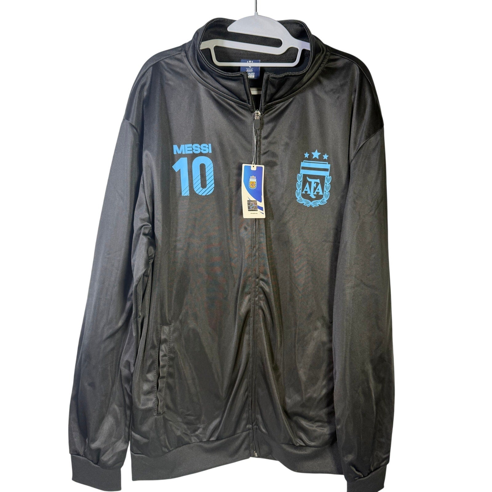 AFA Argentina Messi #10 full zip black and blue track jacket, official size XL, showing front view with team logo and details.