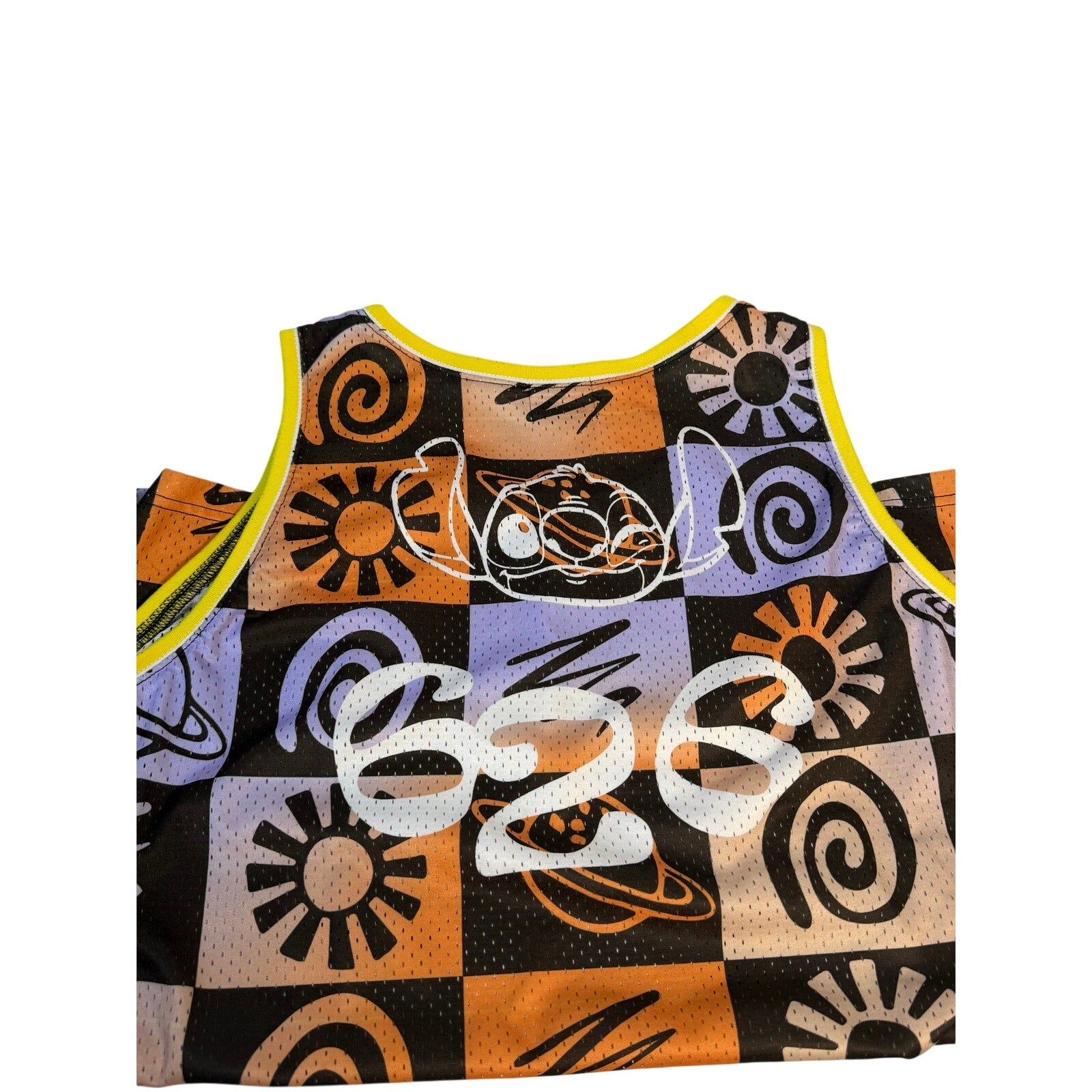 Disney Stitch 626 men's XL mesh tank top with colorful graphic design, sleeveless jersey fabric, perfect for casual wear.