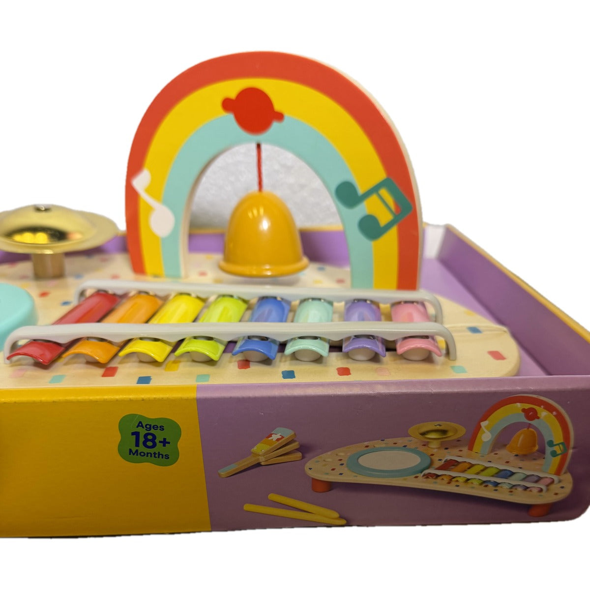 Gigglescape all-in-one wooden toddler musical instrument table with xylophone, drum, cymbal, and bell for 18 months+ playtime.
