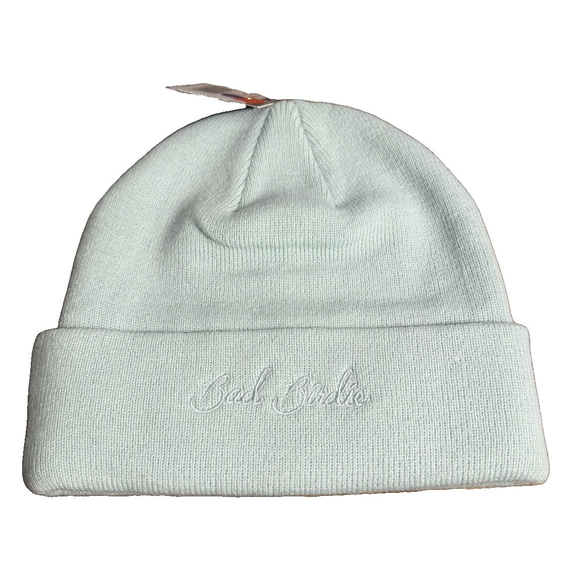 Mint Bad Birdie cuffed knit beanie with embroidered script logo, featuring a cozy, stretchy hat design in a stylish winter accessory.