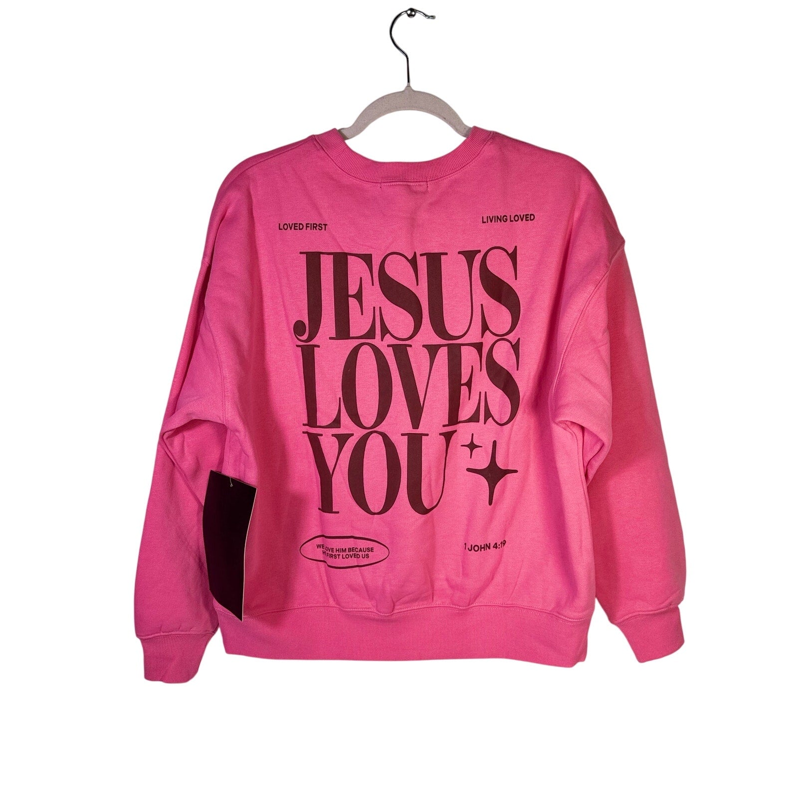 Revival Club pink Christian crewneck sweatshirt with "Jesus Loves You" print, small size, new with tags, casual apparel.