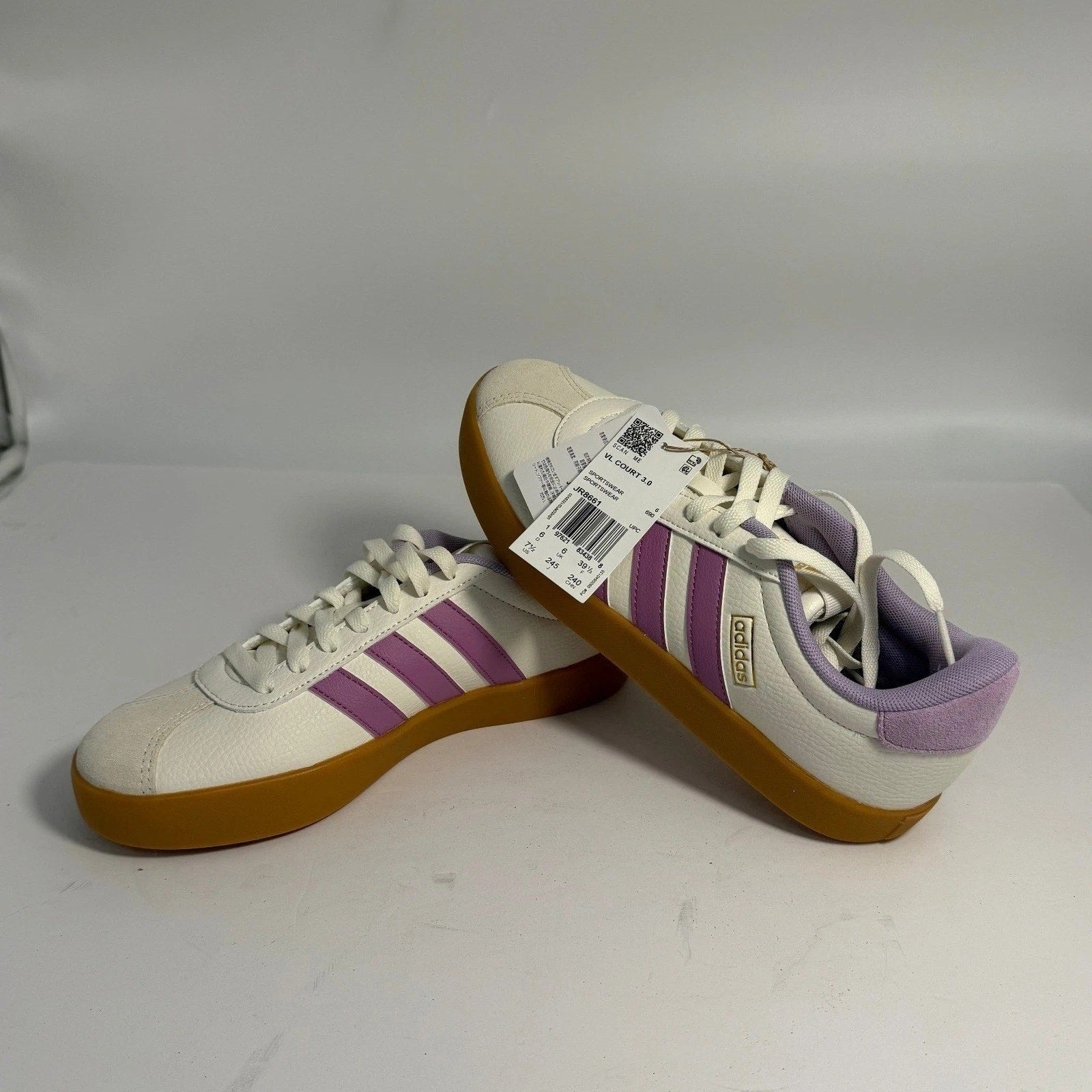 NIB adidas VL Court 3.0 Women's 7.5 White Purple Gum Sneakers JR8661