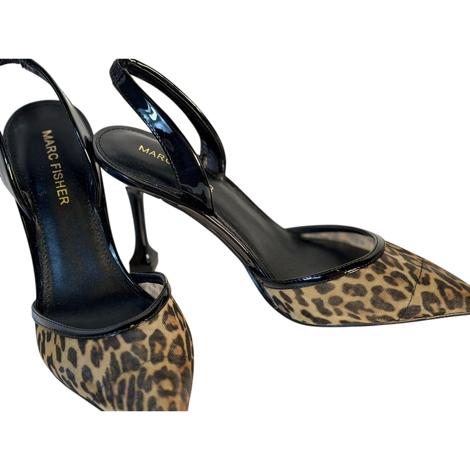Marc Fisher Hadya leopard print slingback pumps for women, US 6M, pointed toe, stylish slip-on shoes with animal pattern.
