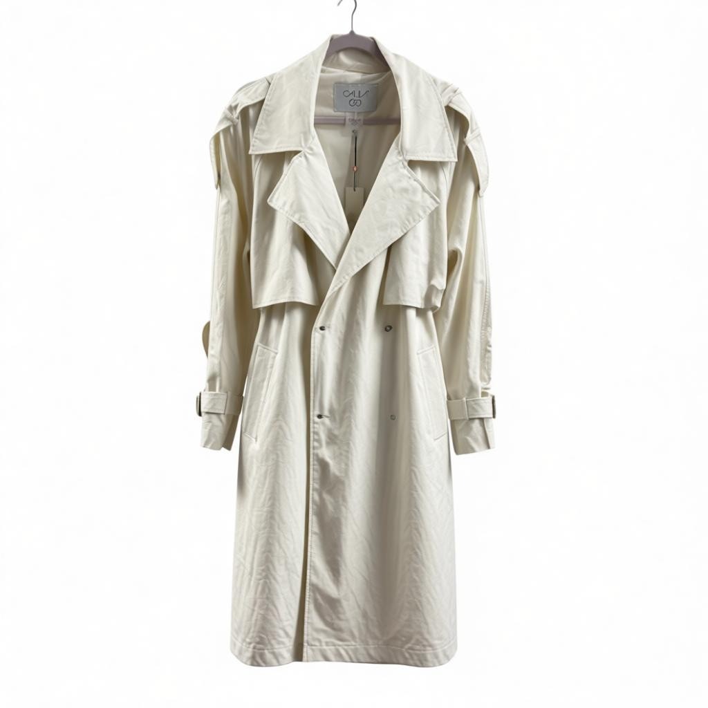 Calia women's hooded trench coat in cream, lightweight belted jacket, size XL, with front pockets and adjustable waist.