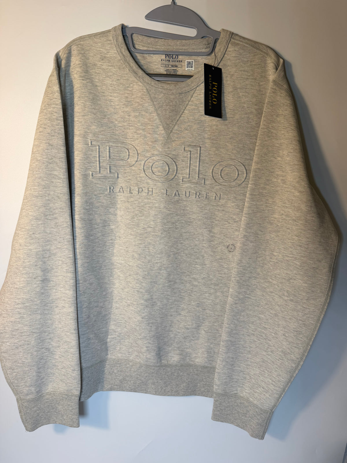 Men's gray Polo Ralph Lauren logo sweatshirt with crewneck, size large, featuring the classic polo emblem on the front.