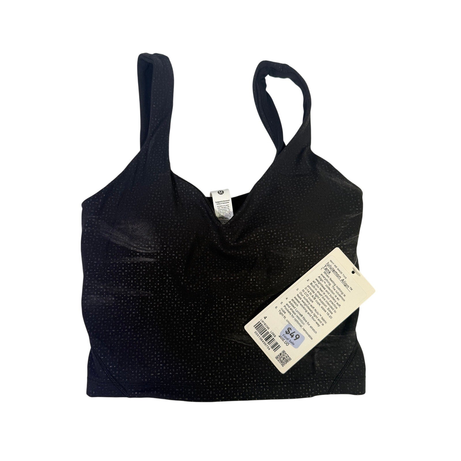 Black Lululemon Align tank top for women with sparkle detail and built-in bra, size 4, displayed on a plain background.