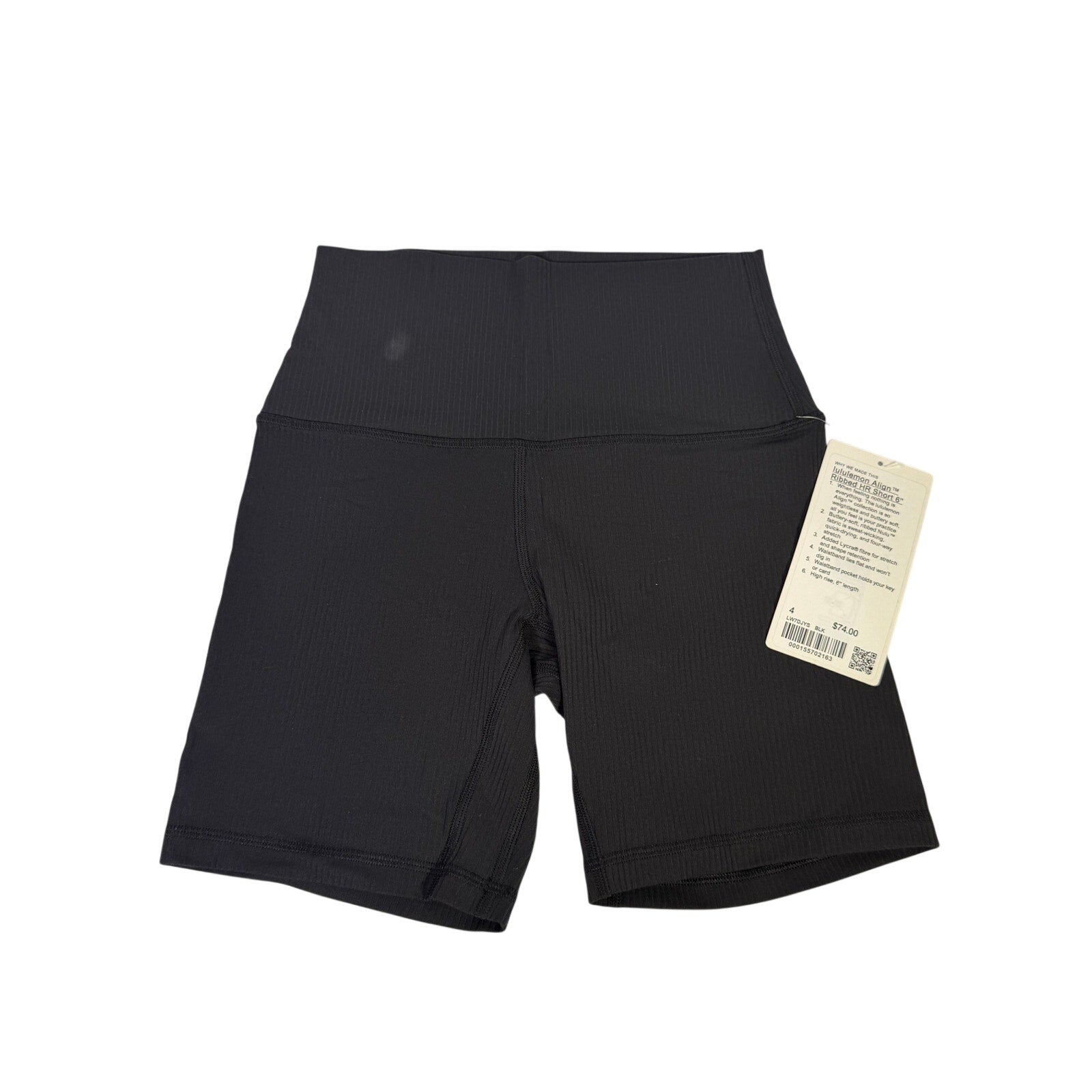 Black Lululemon Align ribbed high-rise 6-inch shorts for women, size 4, shown flat with waistband and textured fabric detail.