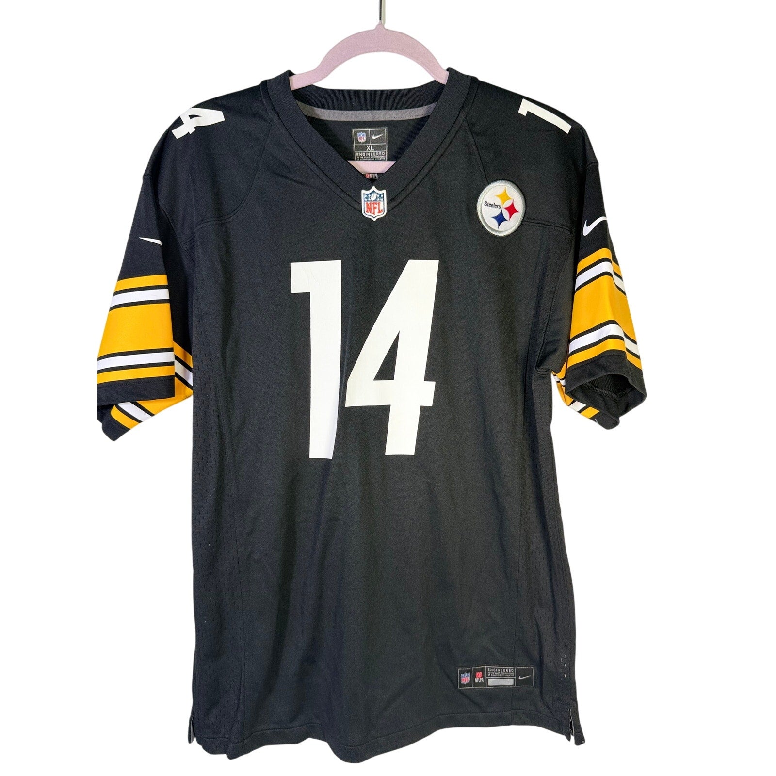 Nike NFL Pittsburgh Steelers George Pickens #14 men's game jersey in size XL, pre-owned, with team logo and player number displayed.