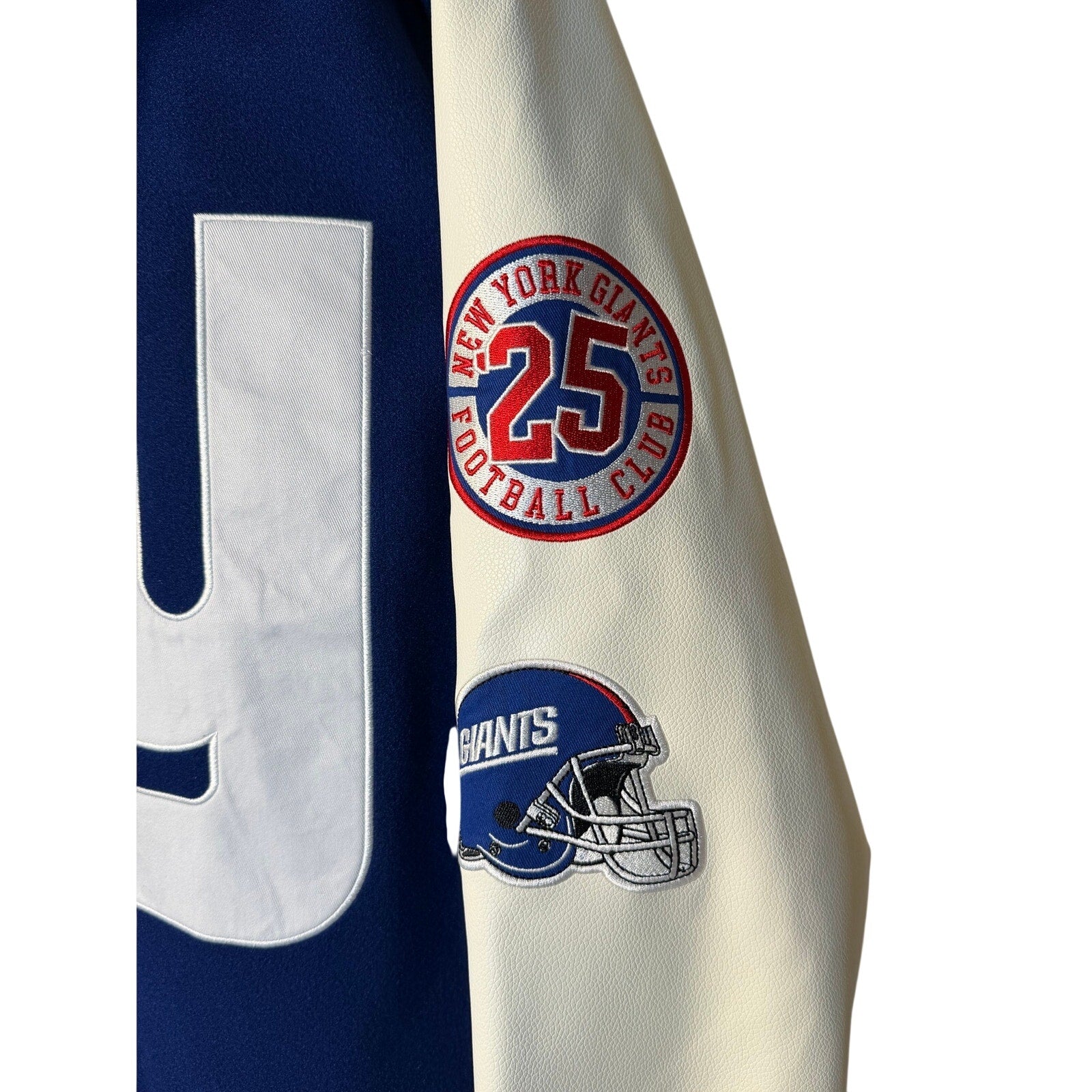 Men's New York Giants varsity jacket by NFL, medium size, featuring team logo and classic varsity style.