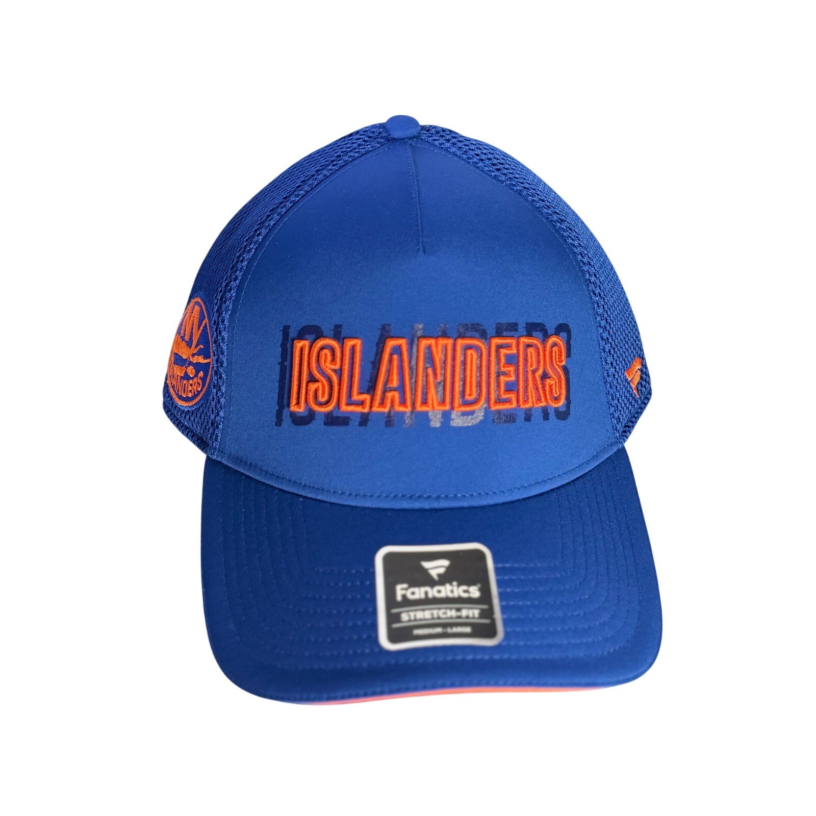 Fanatics New York Islanders NHL stretch fit mesh hat in blue, medium/large size, with team logo and breathable mesh design.