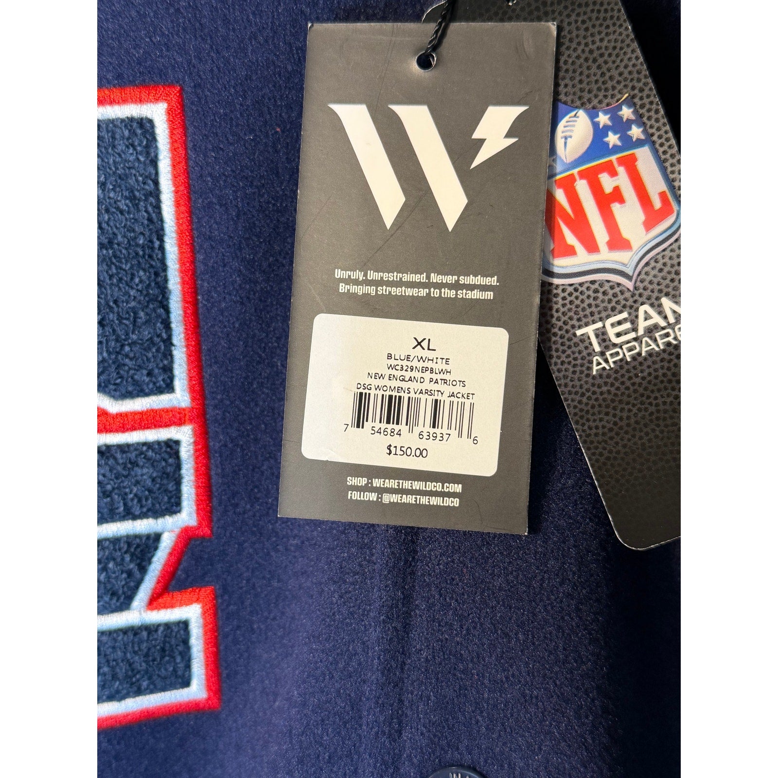 New England Patriots women's varsity hoodie in blue and white with embroidered team logo, wool and faux leather details, size XL.