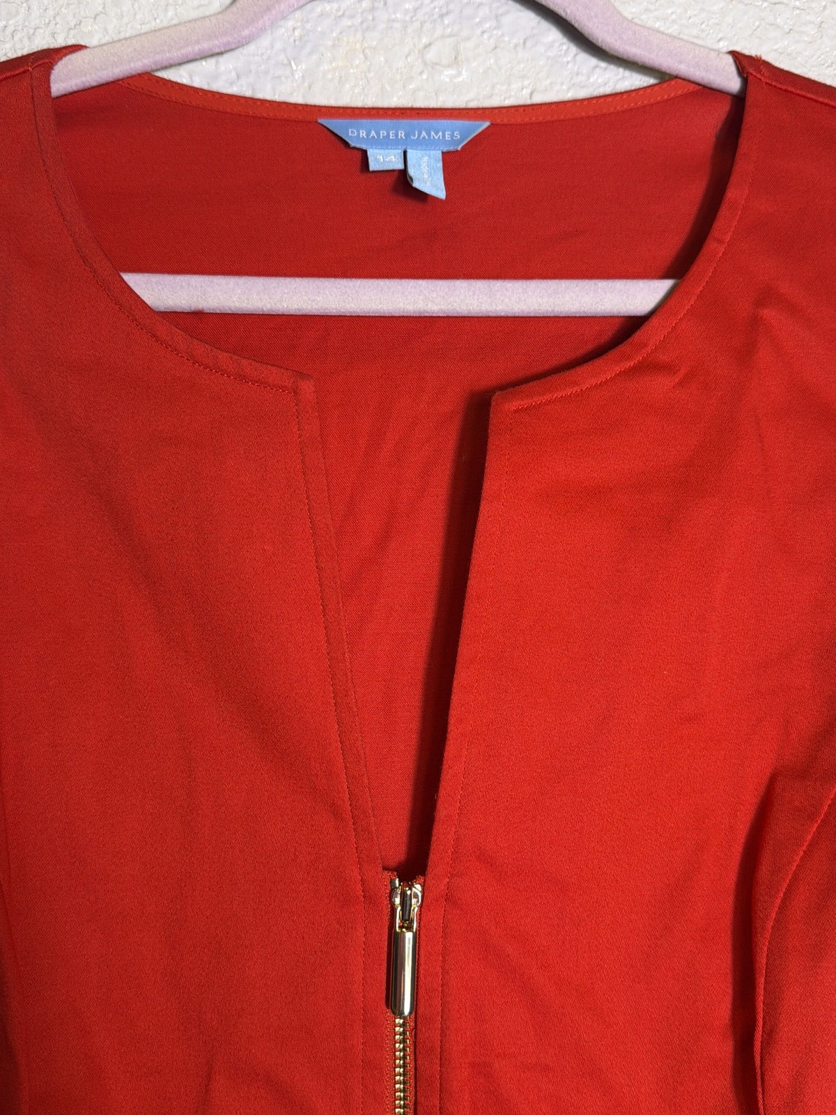 Draper James red zip-front fit and flare dress with short ruffle sleeves, women's size 14, pre-owned, displayed on a hanger.