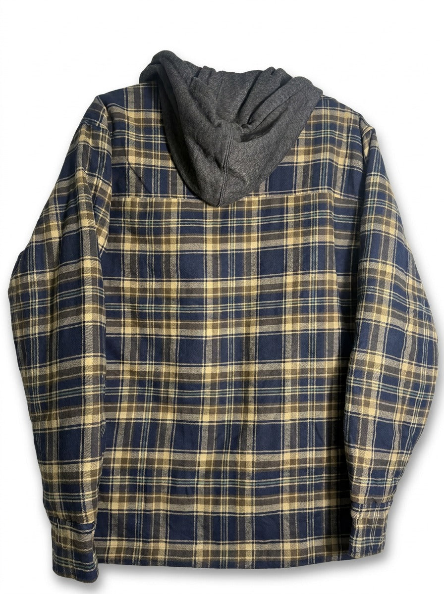 Eddie Bauer men's navy and tan plaid hooded flannel shirt jacket with quilted lining, size small, displayed on a hanger.