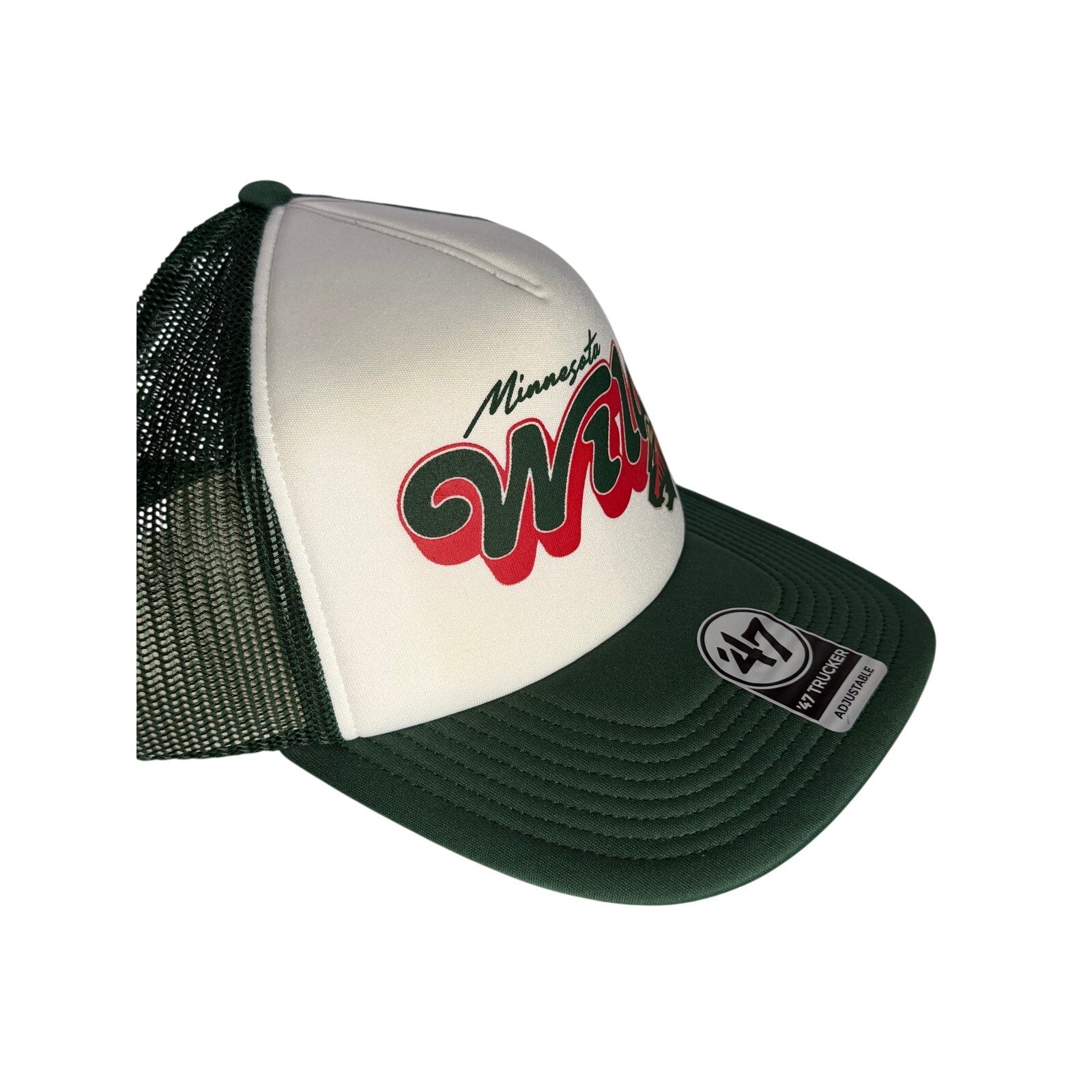 '47 Brand Minnesota Wild green and white adjustable trucker hat featuring team logo, adult NHL cap with mesh back
