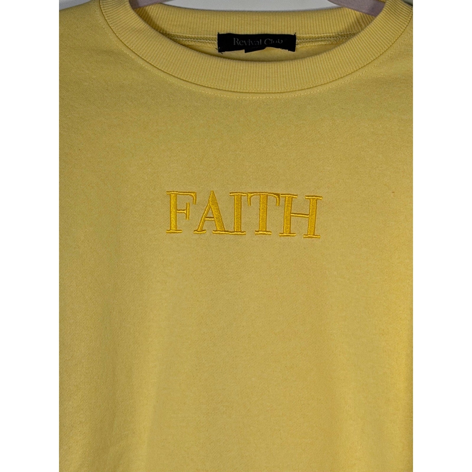 Yellow Revival Club Faith Cross crewneck sweatshirt in size S with Christian design, casual style, and soft fabric.