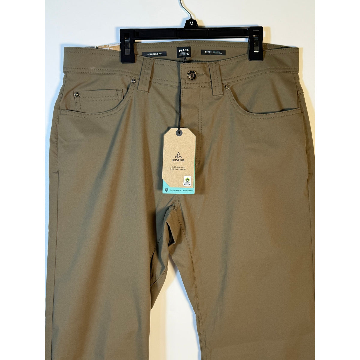 Men's prAna Brion Pants in slate green, standard fit, 32x32, featuring stretch fabric, shown laid flat.