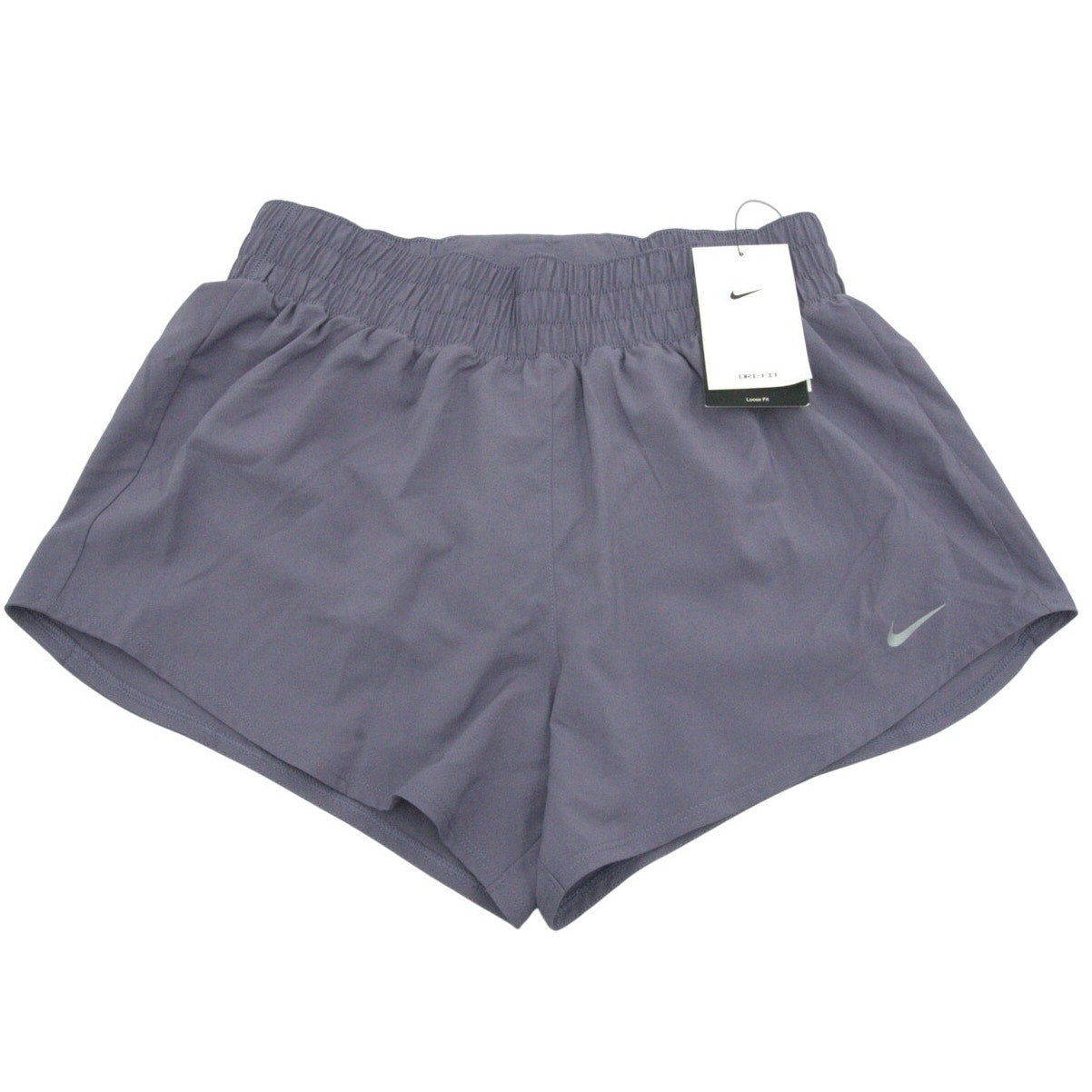 Nike women's Dri-FIT running shorts in gray with tags, lightweight athletic shorts for women, size small, front view.