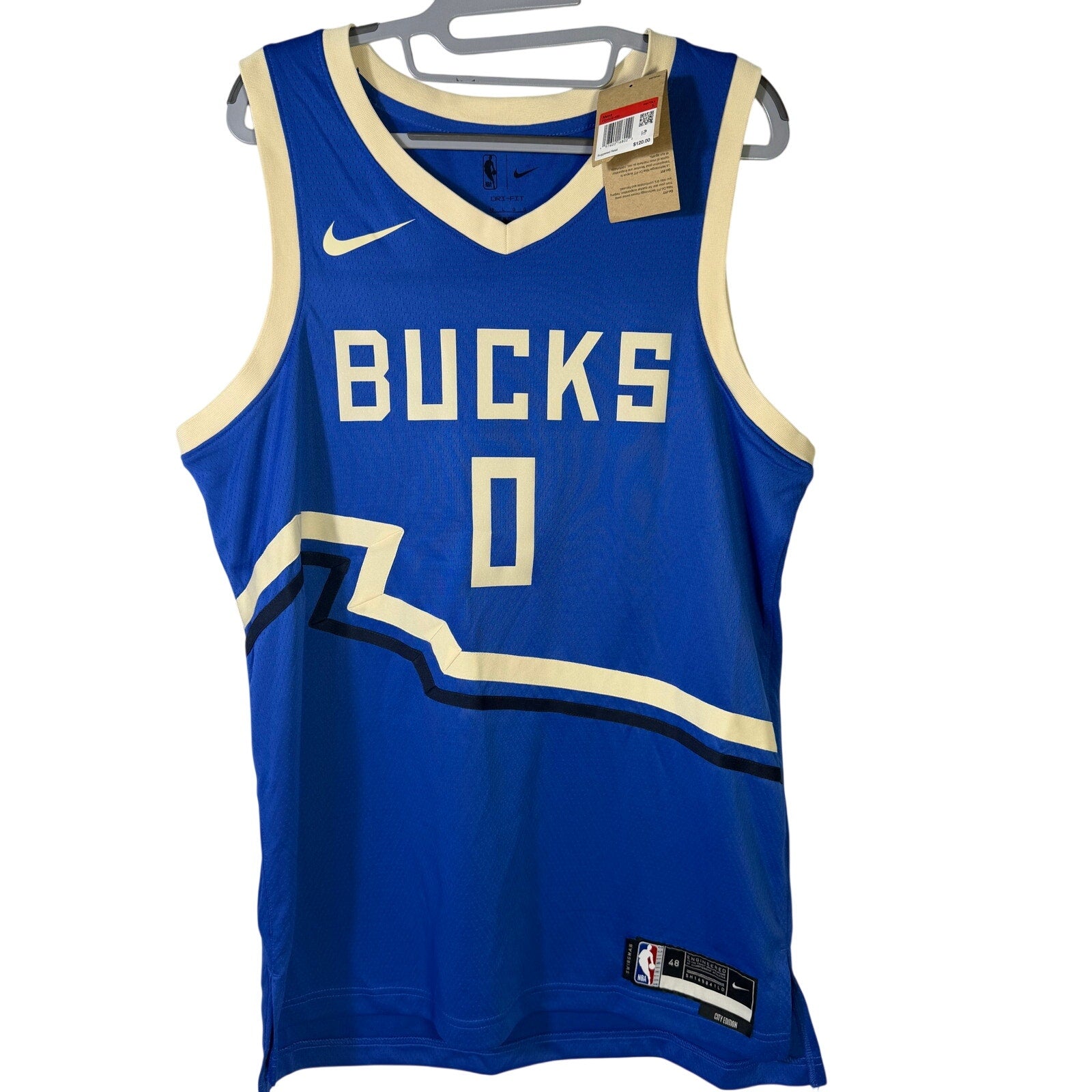 Nike Milwaukee Bucks Damian Lillard #0 City Edition men's swingman basketball jersey, new with tags, front view.