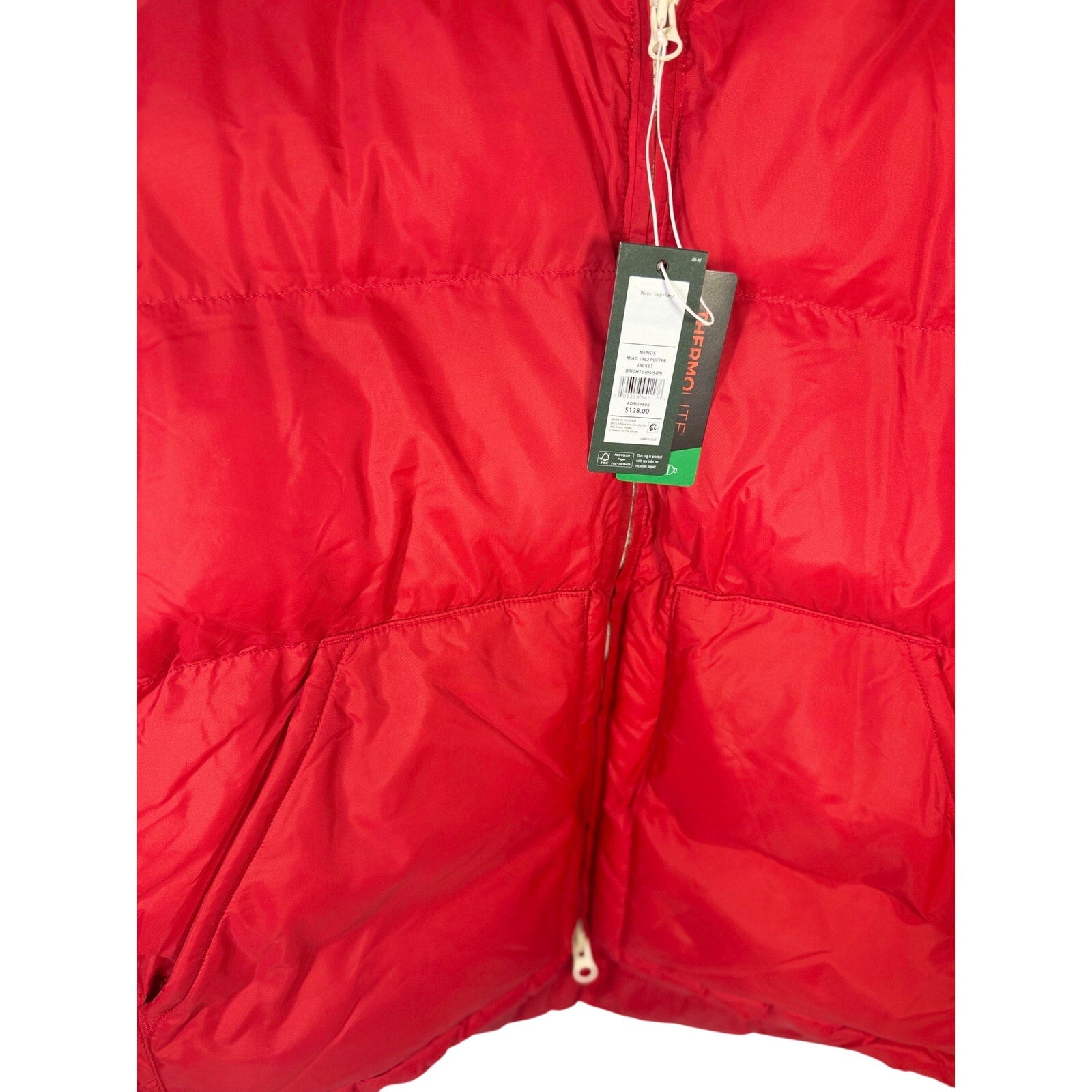 Red Alpine Design Men’s HyperDRY Puffer Jacket with hood, size small, insulated and new with tags, front view.