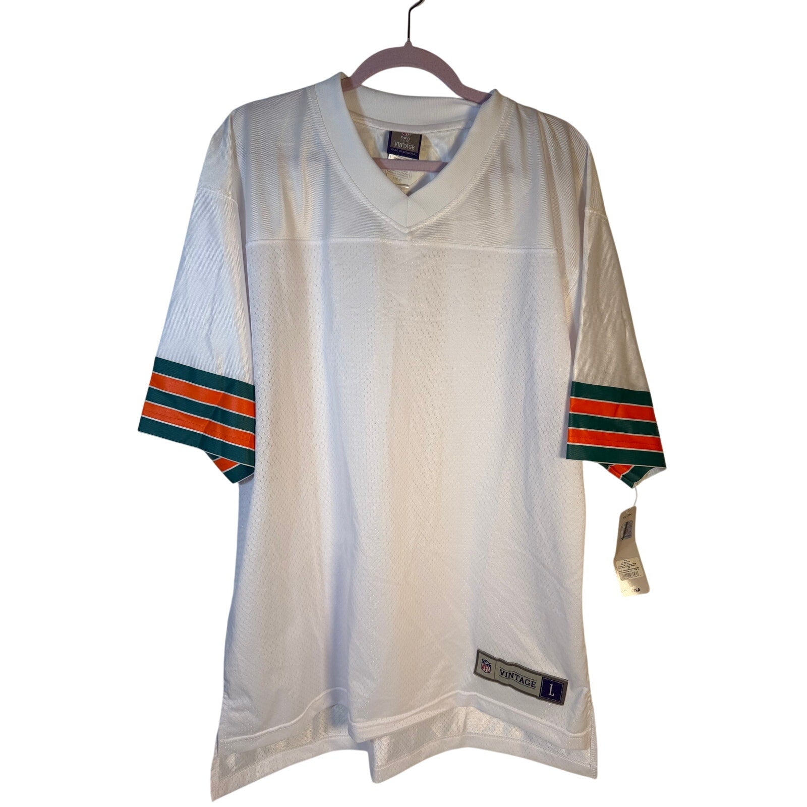 NFL Pro Line Miami Dolphins Hall of Fame Jersey for men, large size, white color, displayed flat with team logo and NFL branding.