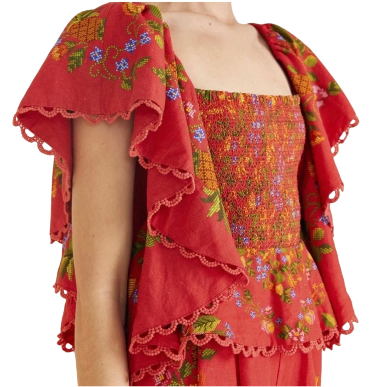 Red floral embroidered FARM Rio women's romper with flutter sleeves, size XL, featuring a vibrant, stylish outfit set.