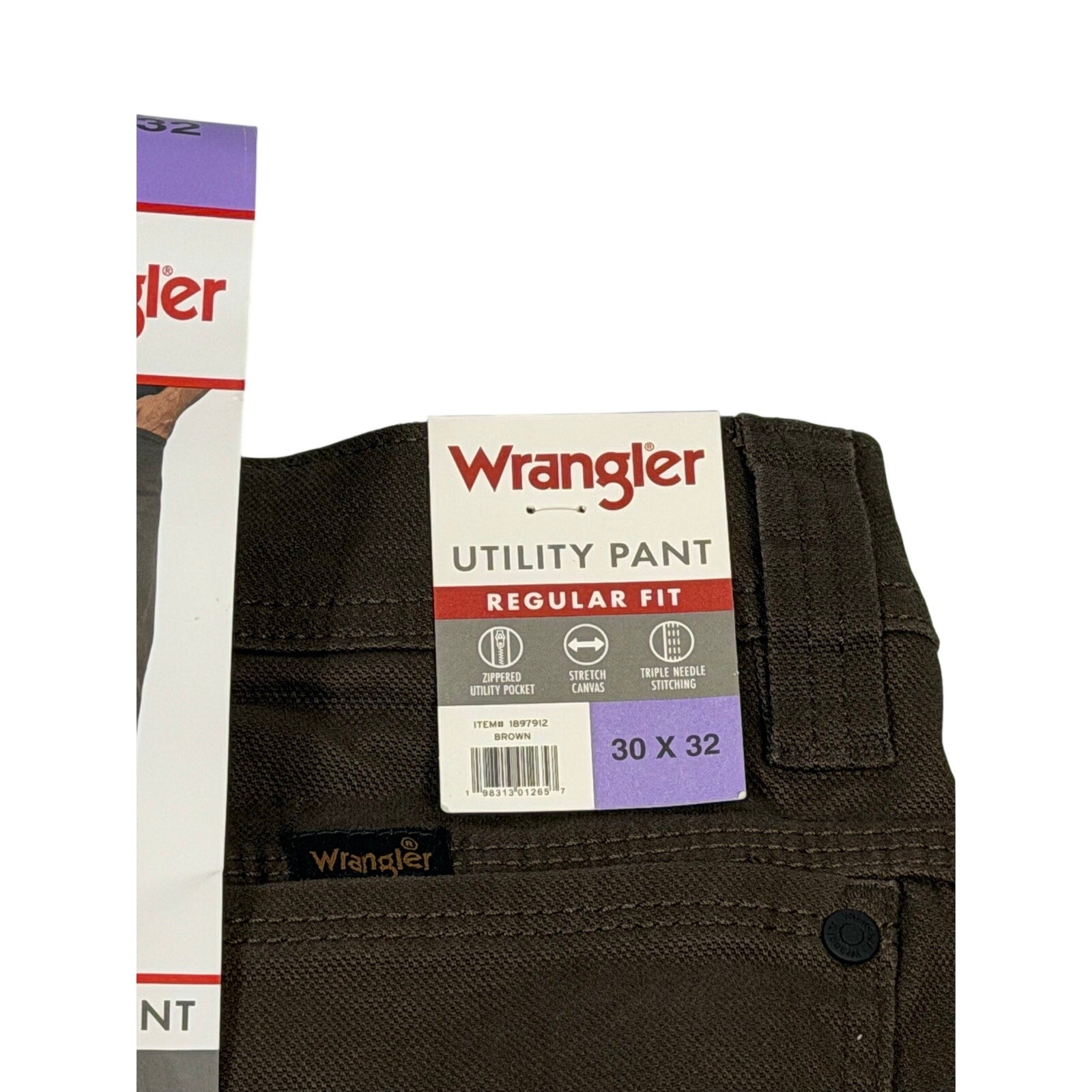 Wrangler men's brown utility work pants, size 30x32, showing front view with multiple pockets and durable fabric.
